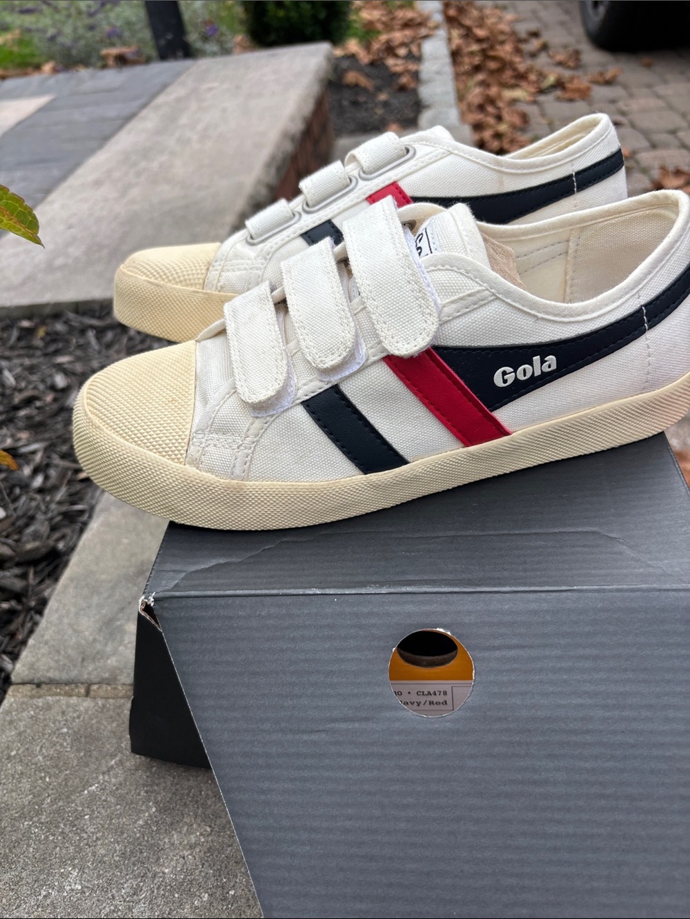 Gola Kids Canvas Sneakers in Cream with Navy & Red Stripes